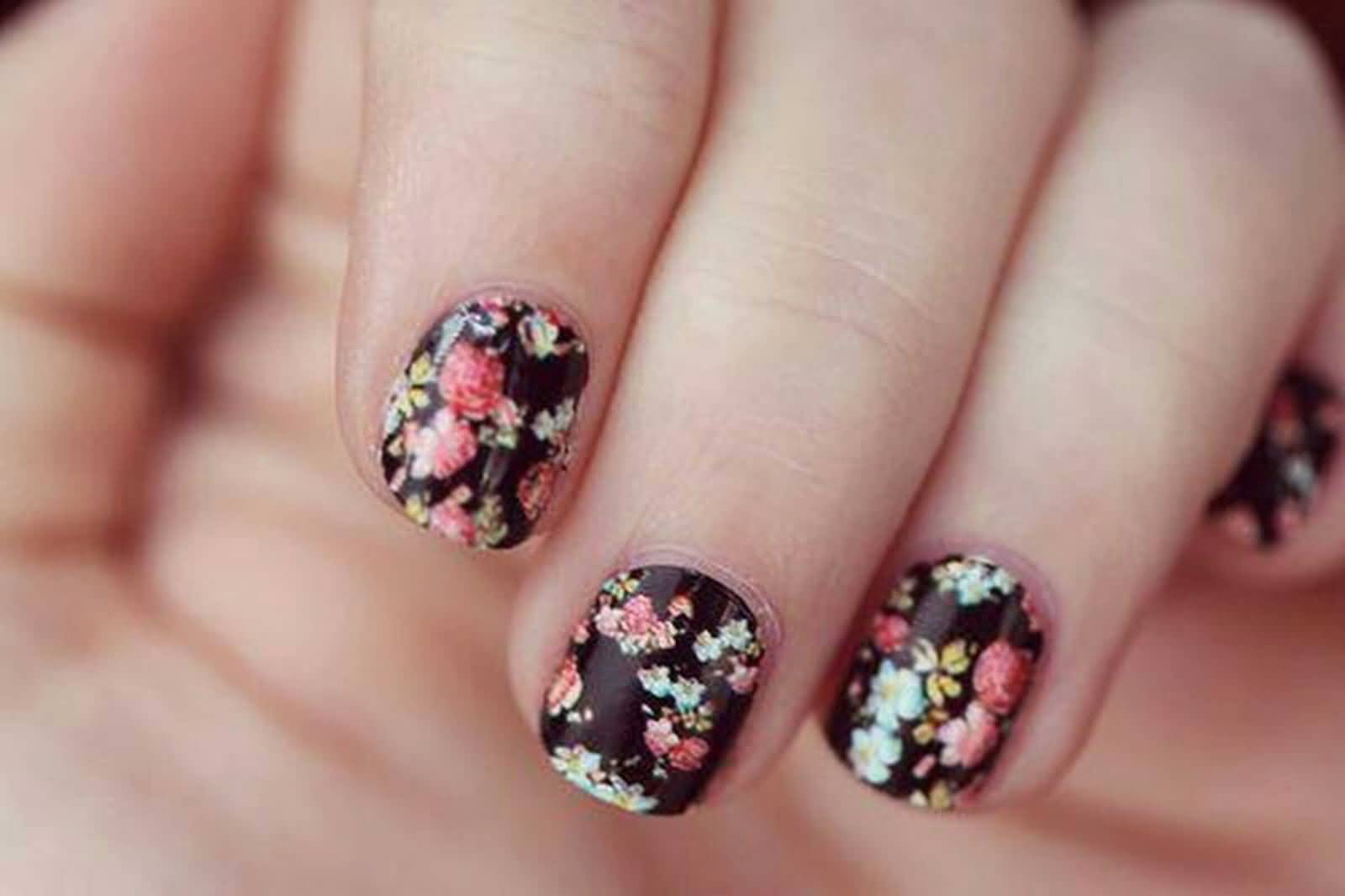 Black Nails With Colorful Flower Nail Design