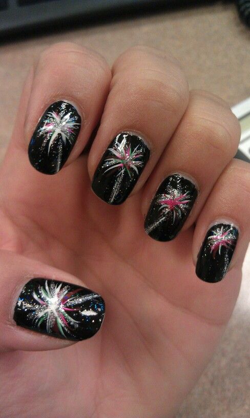 Black Nails With Fourth Of July Fireworks Nail Art Design