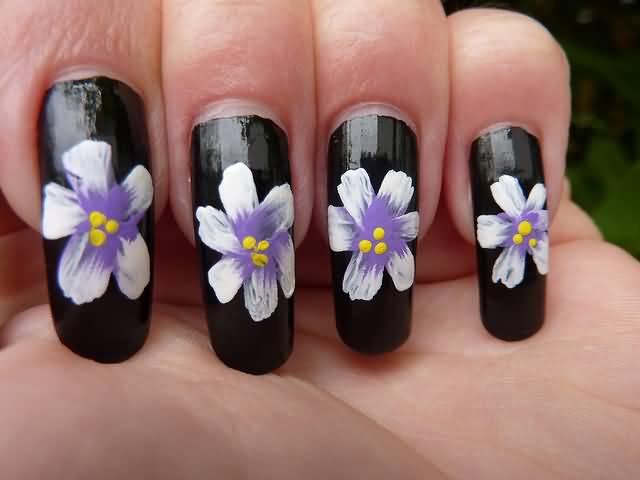 Black Nails With Simple White Flower Nail Art