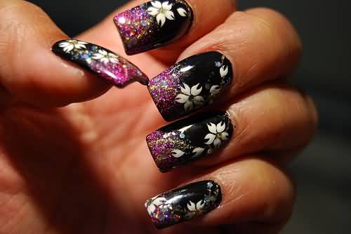 Black Nails With White Flower Nail Art And Purple Glitter French Tip
