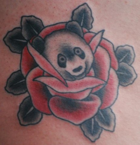 Black Panda Face In Red Rose Tattoo Design