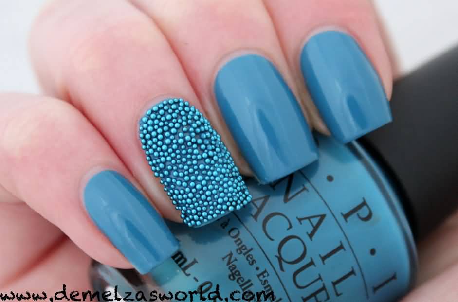 Blue Accent Caviar Nail Art Design Idea