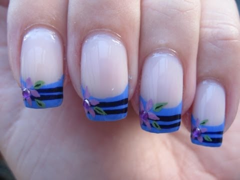 Blue And Black Stripe French Tip Nail Art With Flowers Design