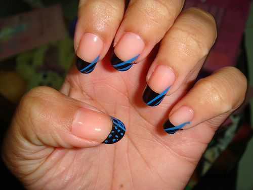 Blue And Black Stripes And Dots French Tip Nail Art