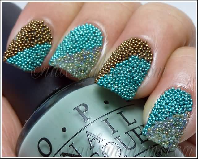 Blue And Gold Caviar Nail Art Design