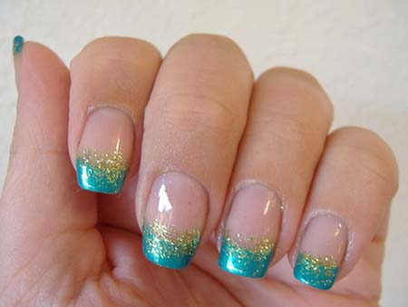 Blue And Golden Glitter French Tip Nail