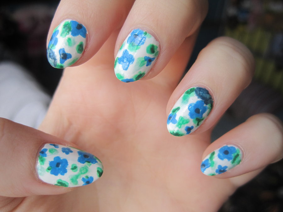 Blue And Green Flower Nail Art Design