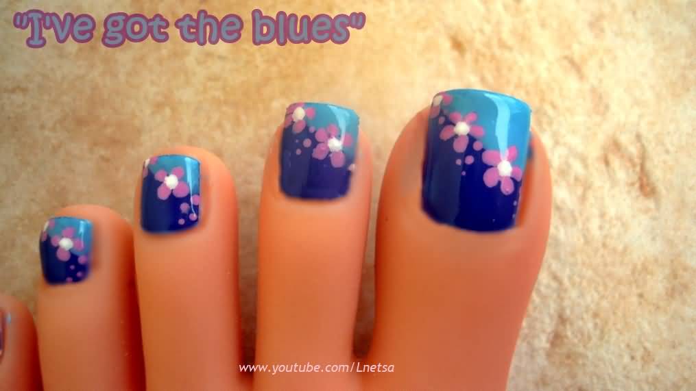 Blue And Purple Toe Nails With Flower Nail Art