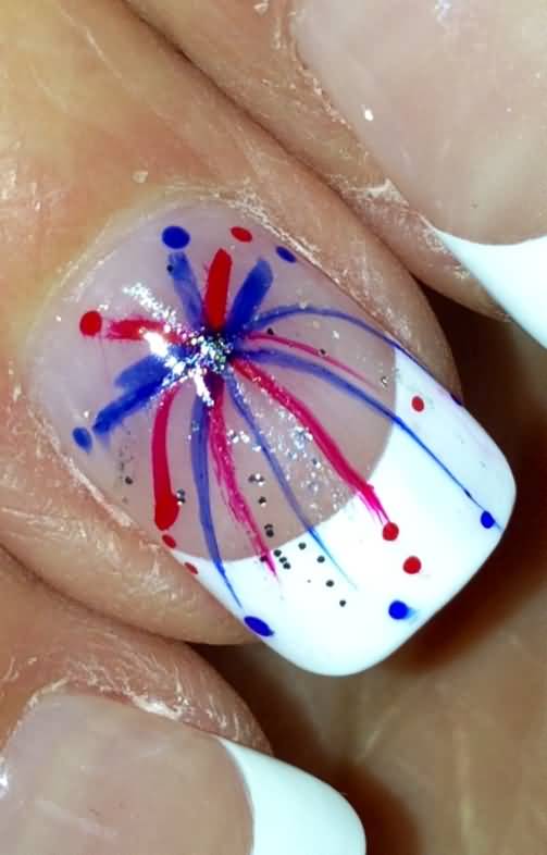 Blue And Red Fireworks Fourth Of July Nail Art With White Tip