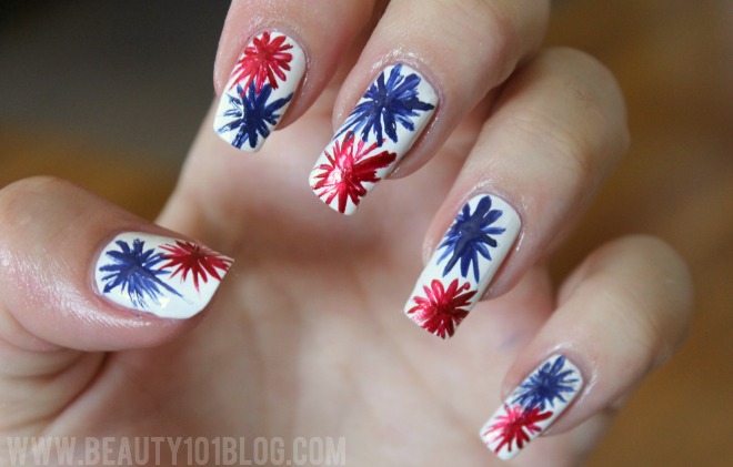 Blue And Red Fireworks Fourth Of July Nail Art