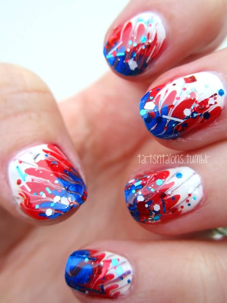 Blue And Red Fourth Of July Fireworks Nail Art Design
