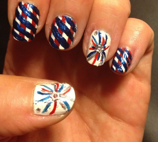 Blue And Red Fourth Of July Fireworks Nail Art