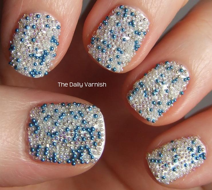 Blue And White Caviar Nail Design