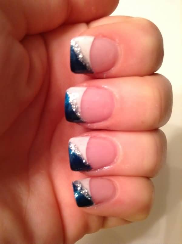 Blue And White Diagonal Glitter French Tip Nail Art