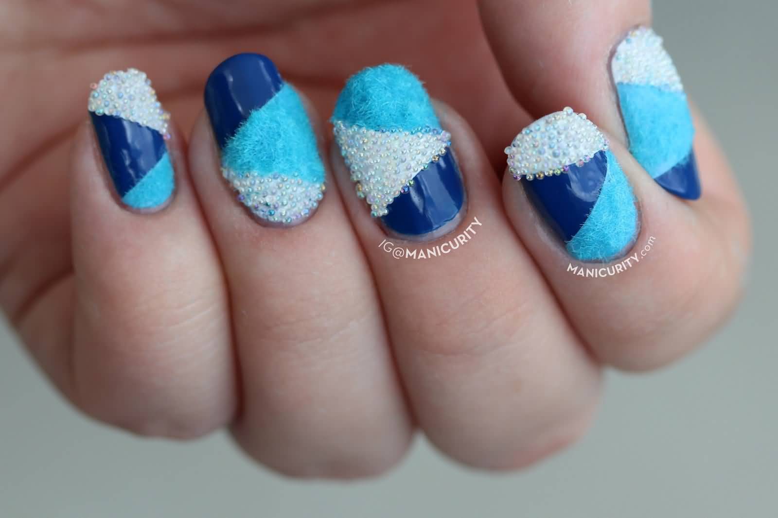 Blue And White Patchwork Caviar Nail Art