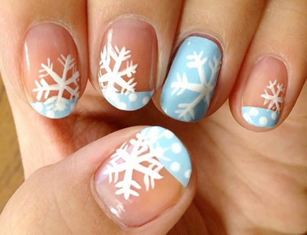 Blue And White Polka Dots French Tip Nail Art With Snow Flakes
