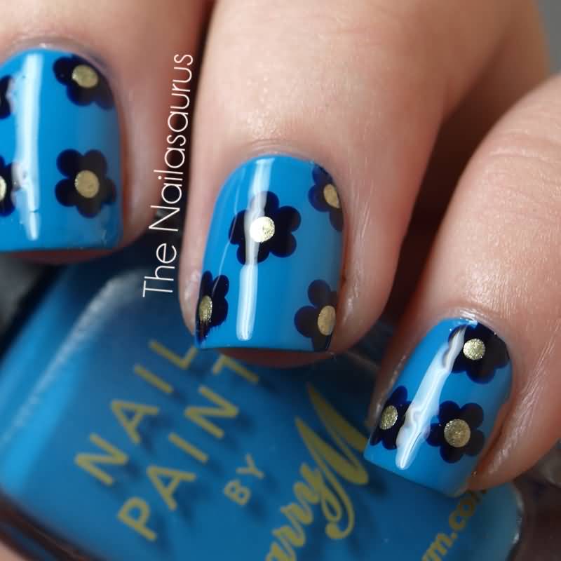 Blue Base Nails With Black And Gold Flower Nail Art