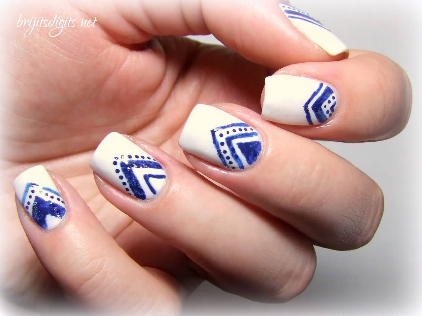 Blue Chevron Nail Art On White Nails