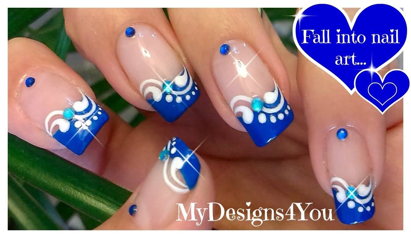Blue French Tip Nail Art With Floral Design