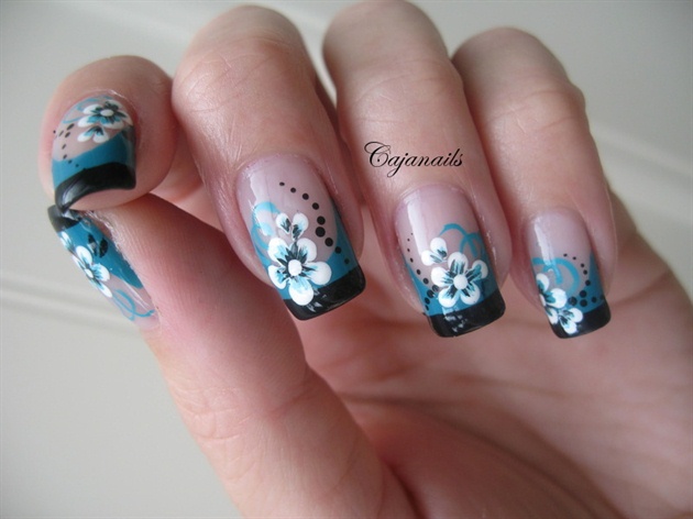 Blue French Tip Nail Art With Flowers Design