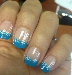 Blue French Tip Nail Art With White Flowers Deign