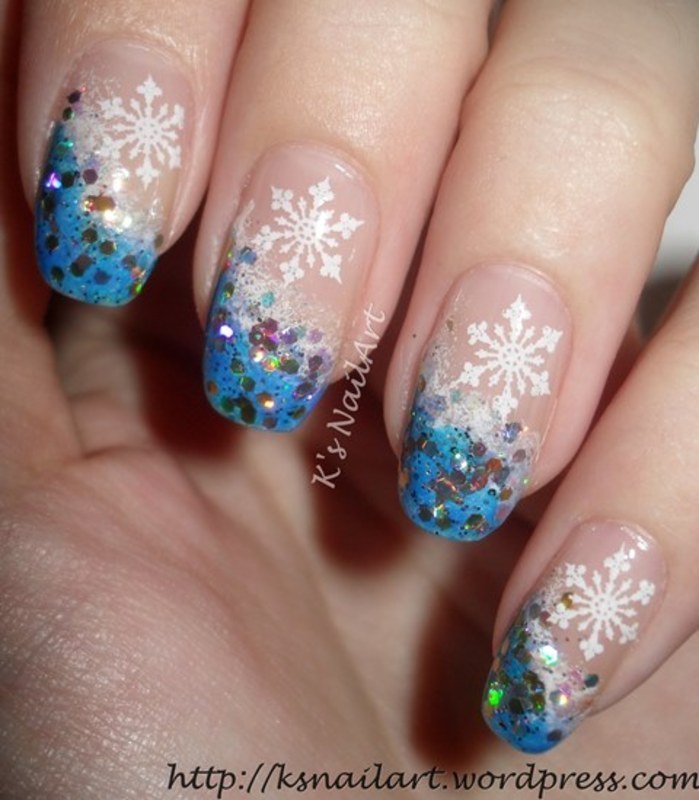 Blue Glitter And Snowflakes Design French Tip Nail Art