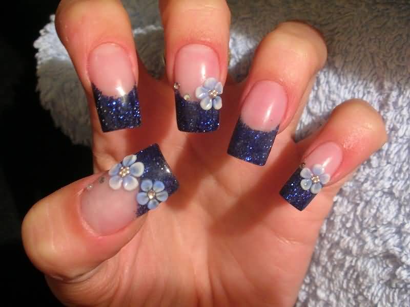 Blue Glitter French Tip With 3d White Flower Nail Art