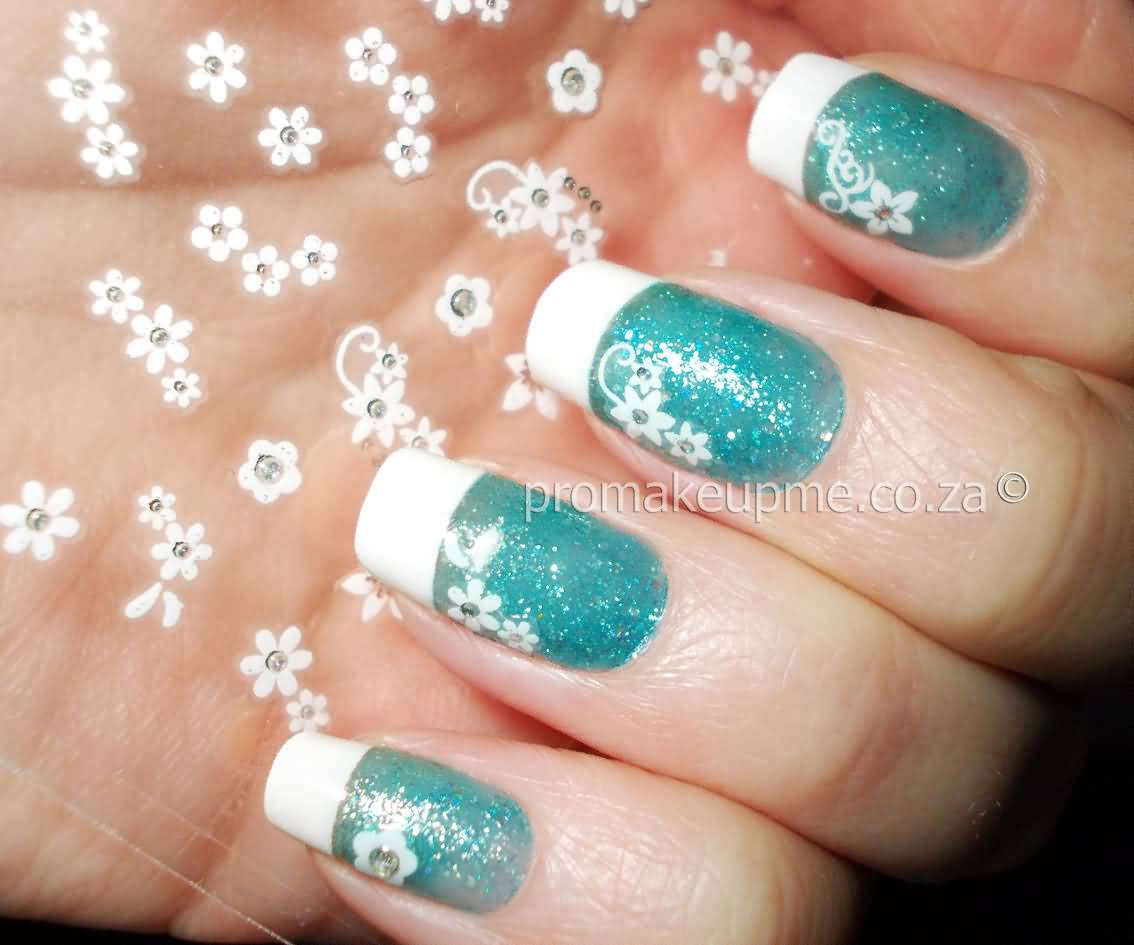 Blue Glitter Nails With White French Tip Nail Art
