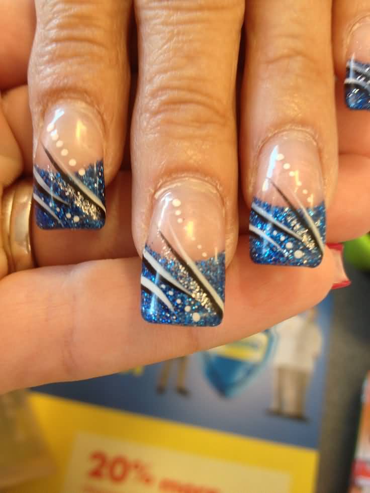 Blue Glitter With Black And White Stripes French Tip Nail Art