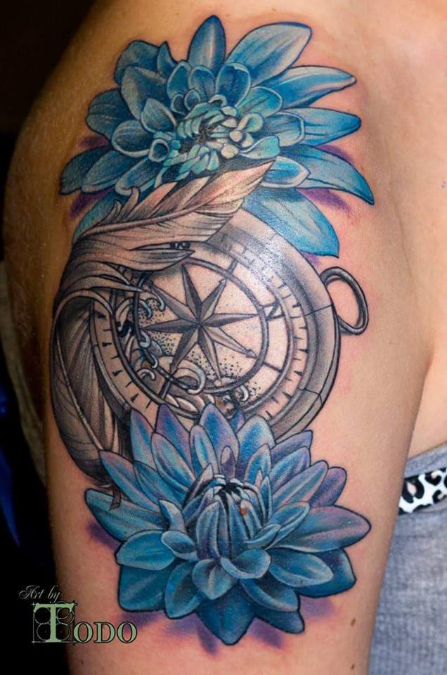 Blue Ink Flowers And Compass Tattoo On Right Shoulder