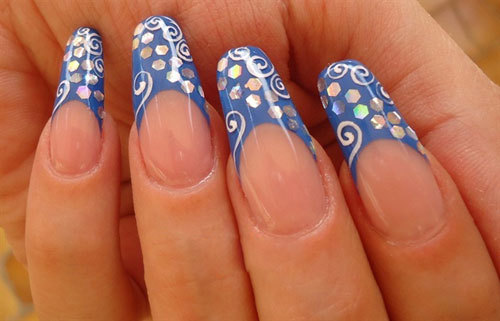 Blue Long French Tip Nail Art With Metallic Dots Design