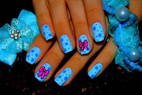 Blue Nails And Neon Pink Simple Bow Nail Art
