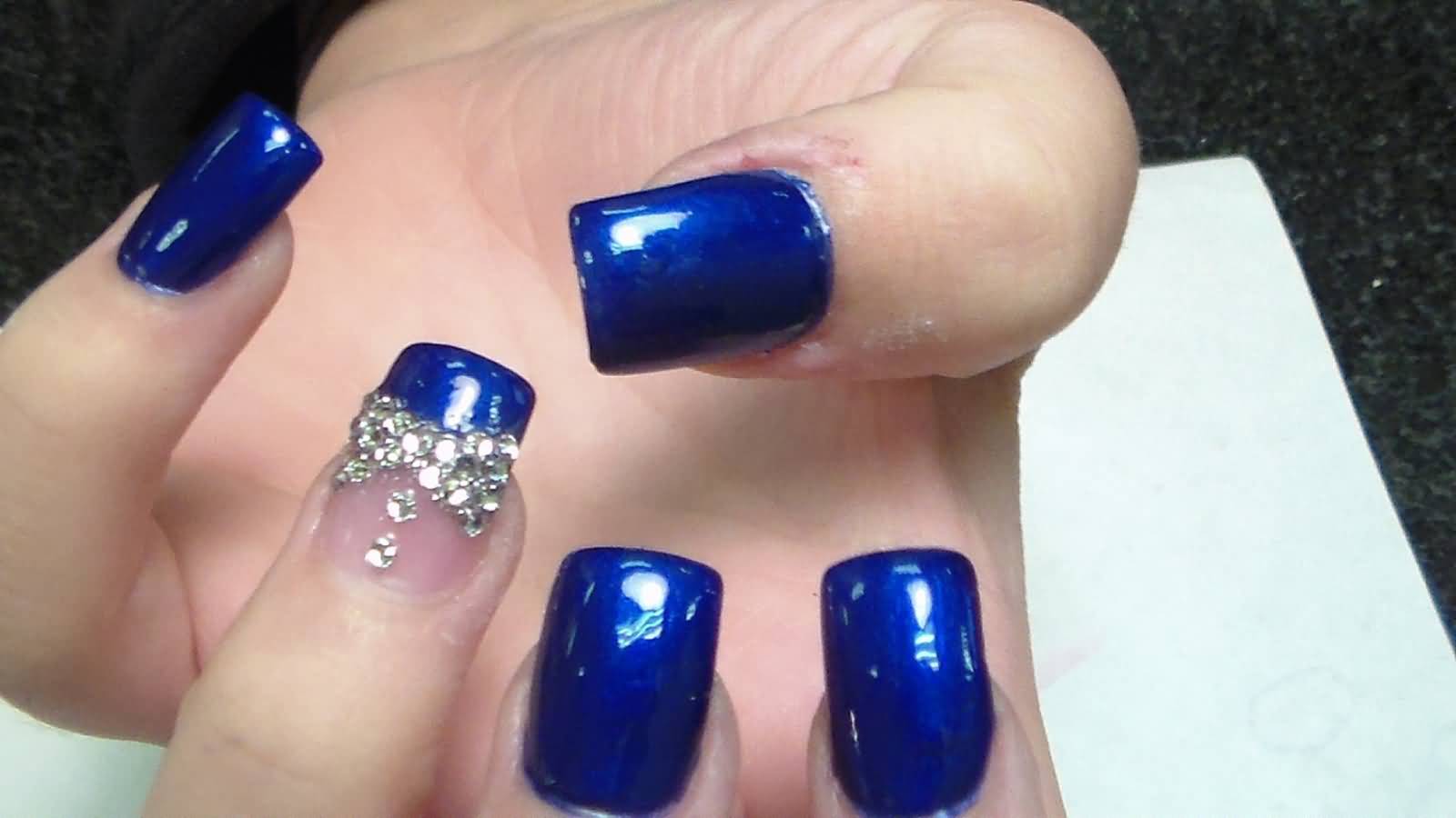 Blue Nails With 3d Diamond Bow Nail Art Design