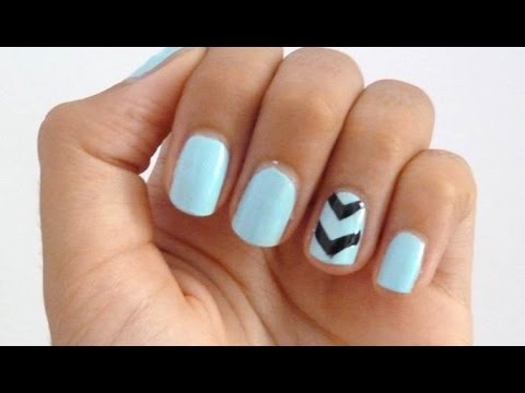 Blue Nails With Black Accent Chevron Nail Art Idea