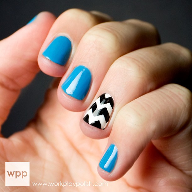 Blue Nails With Black And White Accent Chevron Nail Art For Short Nails
