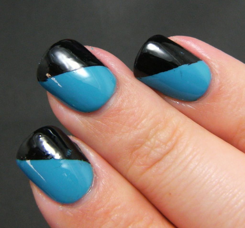 Blue Nails With Black Diagonal French Tip Nail Art