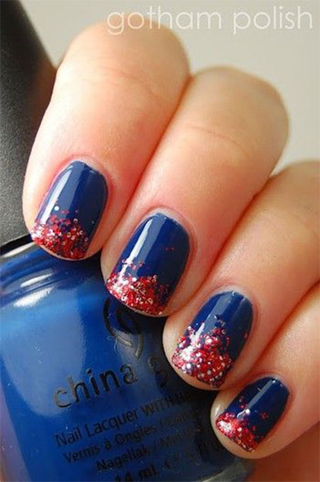 Blue Nails With Red Sparkle Fourth Of July Nail Art
