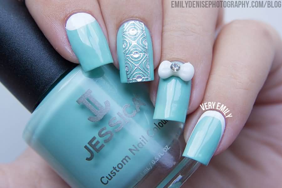 Blue Nails With White 3d Bow Nail Art