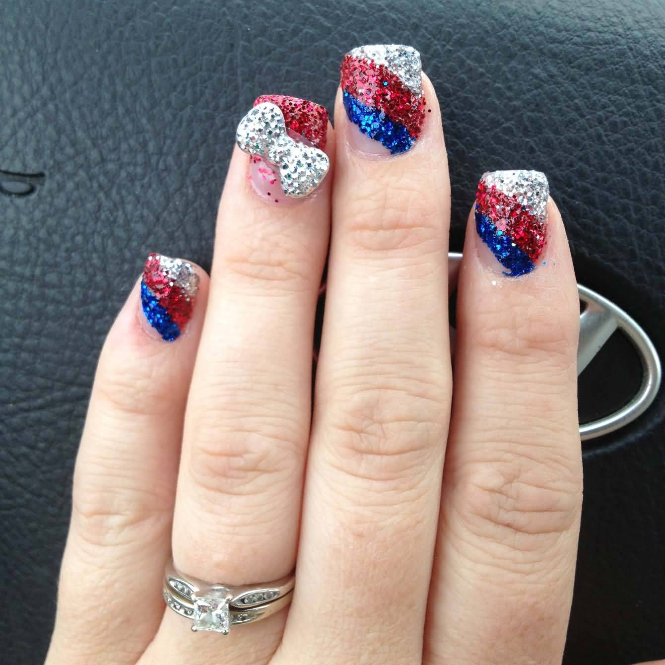 Blue Red And Silver Glitter Fourth Of July Nail Art With 3d Bow Picture
