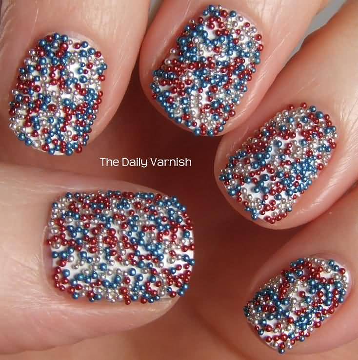 Blue Red And White Patriotic Caviar Nail Art
