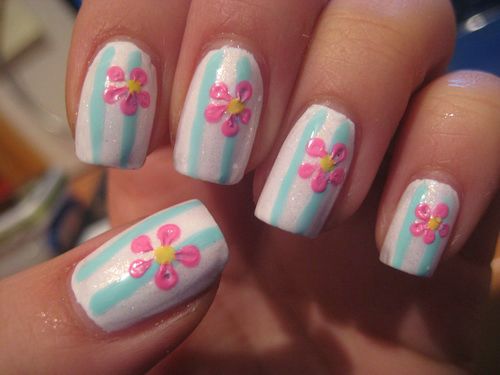 Blue Stripes And Pink Flowers Nail Design Idea
