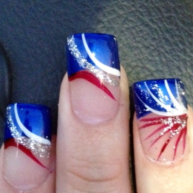 Blue Tips With Red And White Fireworks Design Fourth Of July Nail Art