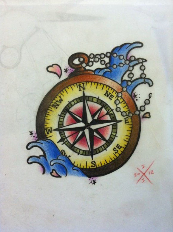 Blue Water Waves And Compass Tattoo Design