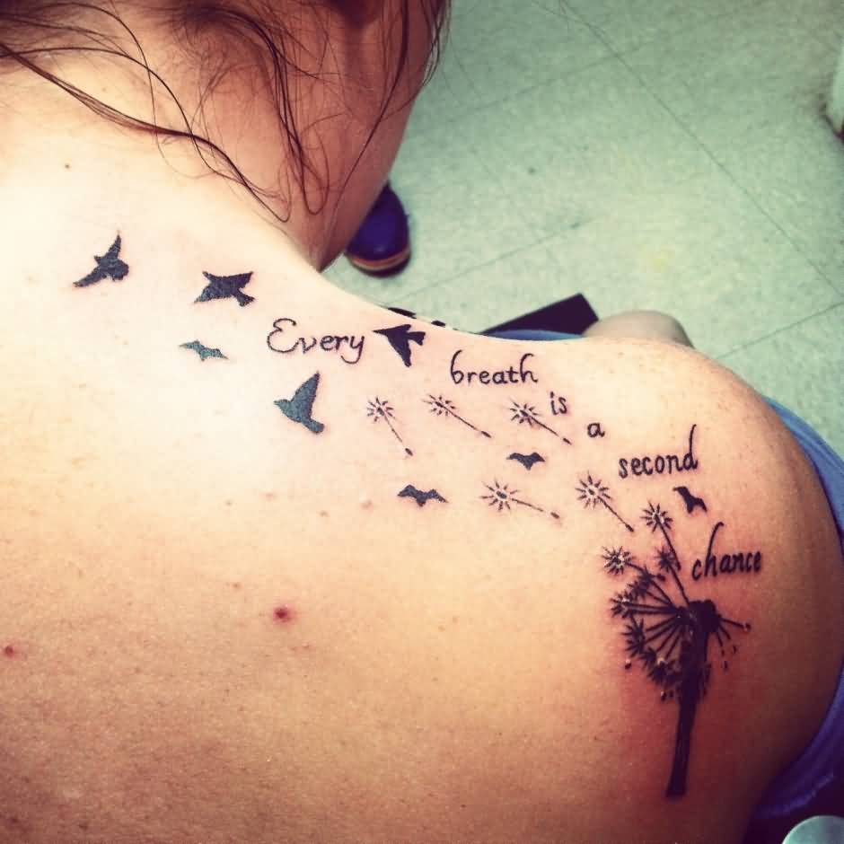 Breathtaking Birds Flying From Dandelion With Quote Tattoo On Right Shoulder To Nape