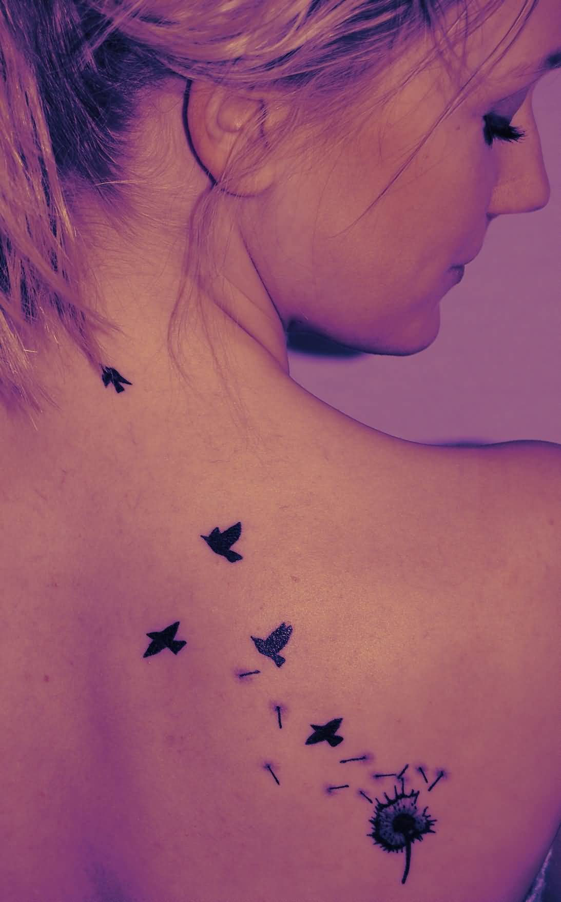Brilliant Birds Flying From Dandelion Tattoo On Right Shoulder To Nape