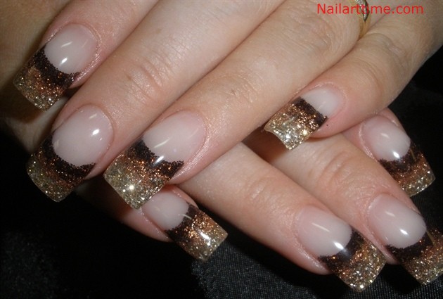 Brown And Gold Glitter French Tip Nail Art Design