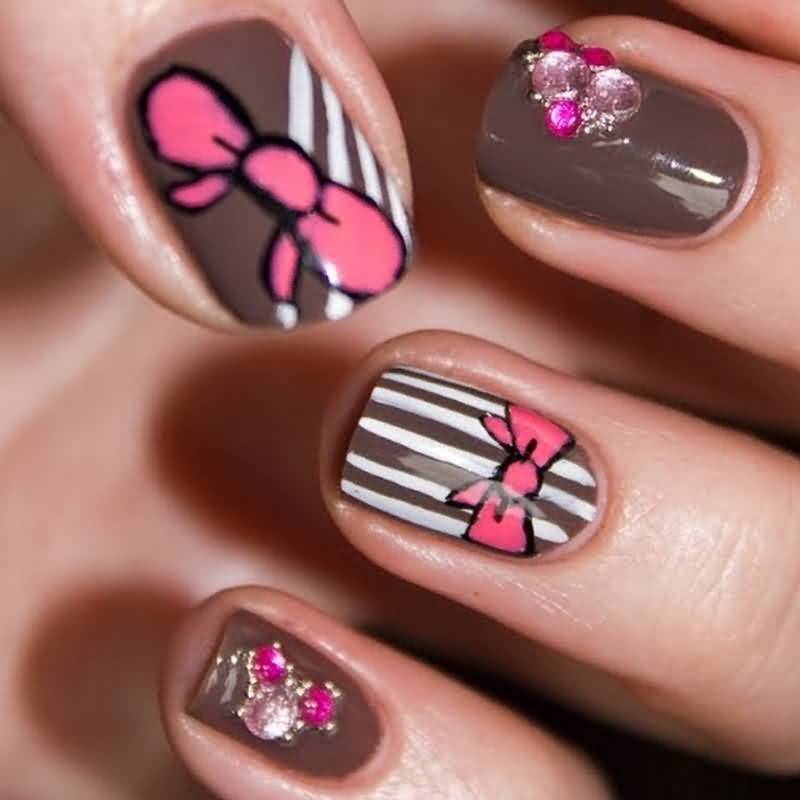 Brown And Pink Cute Bow Nails