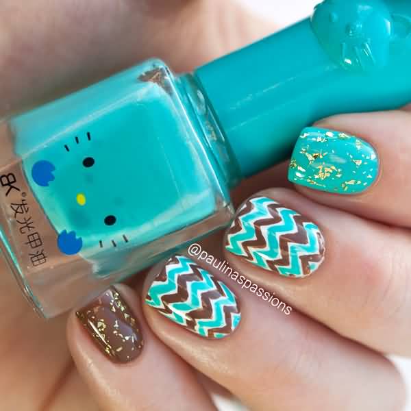 Brown And Turquoise Chevron Nail Art
