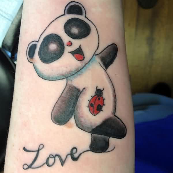 Cheerful Baby Panda With Love Tattoo On Forearm