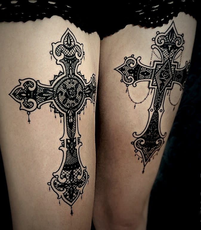 Christianity Cross Tattoo On Thigh by Kid Kros